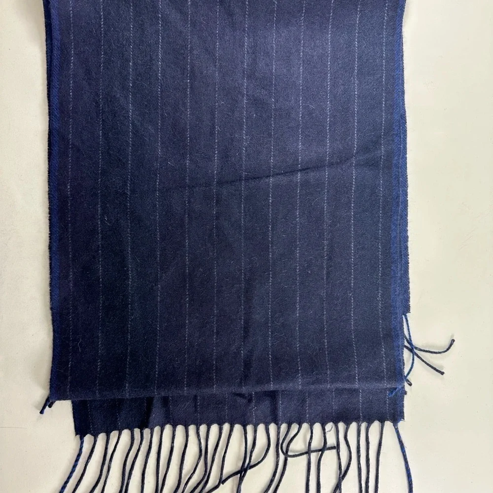Wool Blend Blue Pinpoint Striped Scarf Unisex 60” Long Tassel